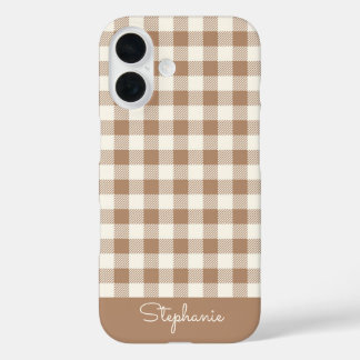 Boho Gingham Pattern Plaid Checkered Brown Name iPhone 16 Hülle