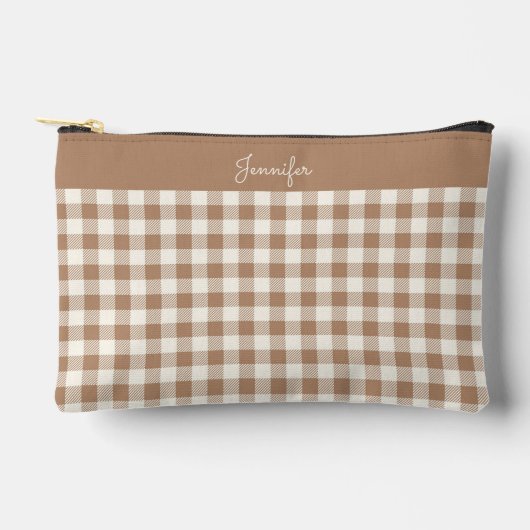 Boho Gingham Pattern Plaid Checkered Brown Name Zubehörtasche (Vorderseite)