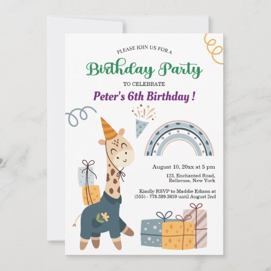 Boho Giraffe Blue Rainbow 6. Geburtstag Einladung (Vorderseite)