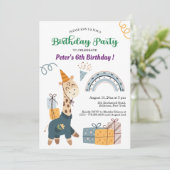 Boho Giraffe Blue Rainbow 6. Geburtstag Einladung (Stehend Vorderseite)