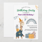 Boho Giraffe Blue Rainbow 6. Geburtstag Einladung (Vorne/Hinten)