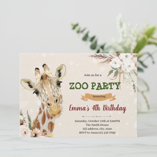 Boho giraffe Einladung zum Geburtstag (Stehend Vorderseite)