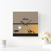 Boho Giraffes At Sunset with Full Moon Quadratische Wanduhr (Zuhause)