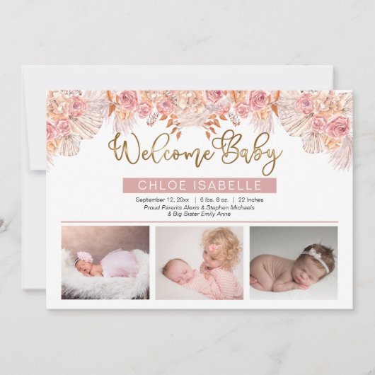 Boho Girl 3 Foto Pampas Grass | Rose Blumengeburt Ankündigung (Vorderseite)