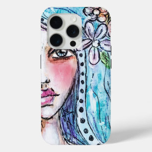 Boho Girl Blume Blue Hair Polka Dot Watercolor Case-Mate iPhone Hülle