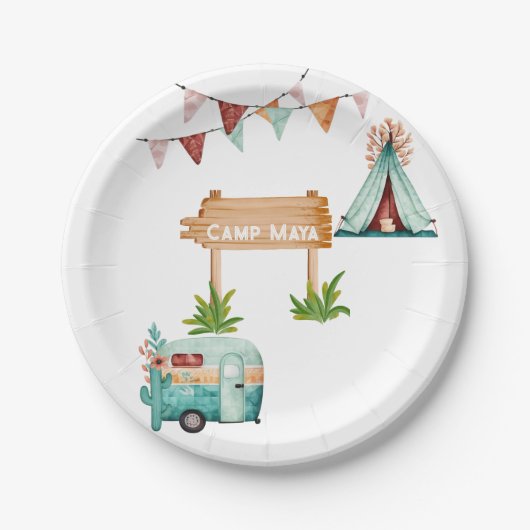 Boho Girls Camping Abenteuer Geburtstagsparty Pappteller (Vorderseite)
