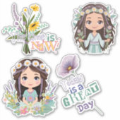 Boho Girls mit Daisies Custom-Cut Vinyl Sticker (Vorderseite)