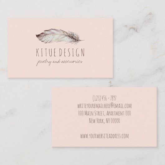 Boho Girly blush rosa gedrucktes Feather Visitenkarte