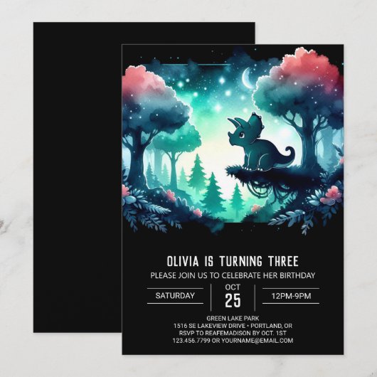 Boho Girly Triceratops Geburtstag Einladung (Vorne/Hinten)