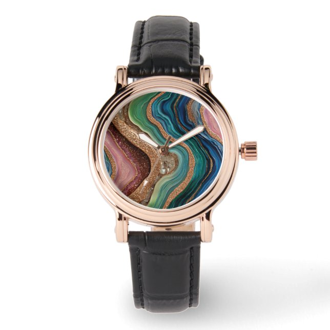 Boho Glitter-Achat-Uhr Armbanduhr (Vorderseite)