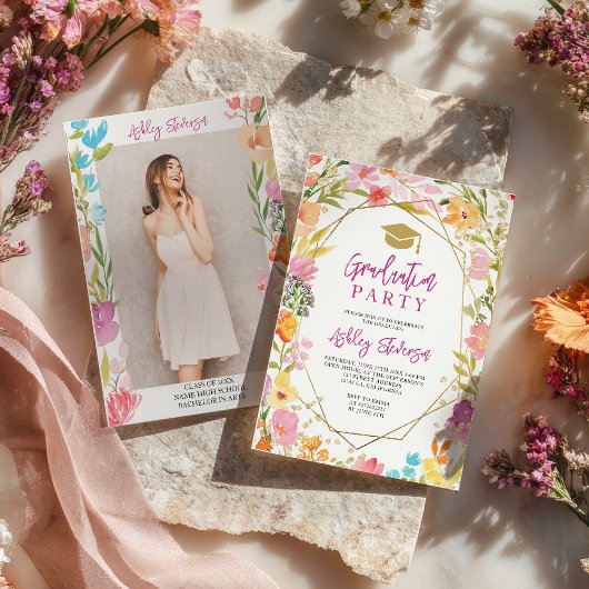 Boho glitter floral watercolor photo graduation einladung