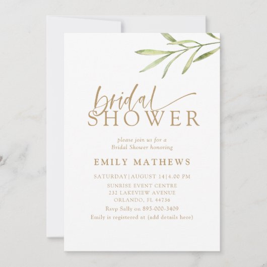 Boho Gold & Botanical Bridal Shower Einladung (Vorderseite)