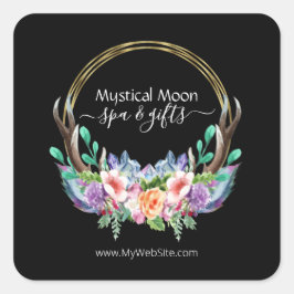 Boho Gold Crystal Cluster Blume Feather Business Quadratischer Aufkleber