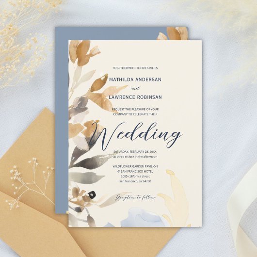 Boho Gold Dusty Blue Winter Floral Wedding Einladung