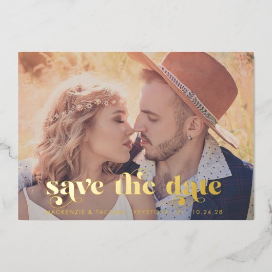 Boho Gold Foil Typografy Foto Save the Date Folieneinladung (Vorderseite)