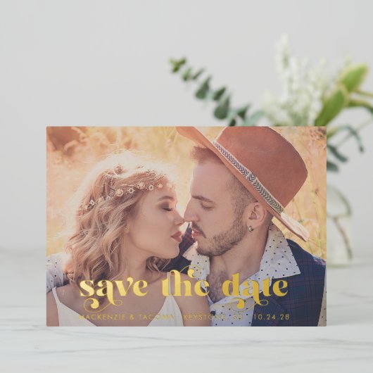 Boho Gold Foil Typografy Foto Save the Date Folieneinladung (Stehend vorne)