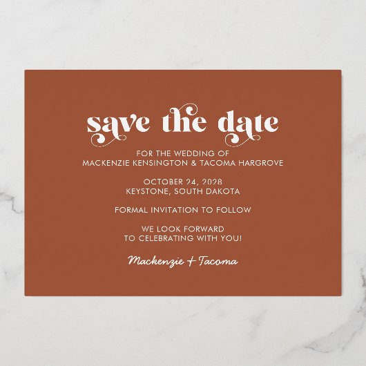 Boho Gold Foil Typografy Foto Save the Date Folieneinladung (Rückseite)