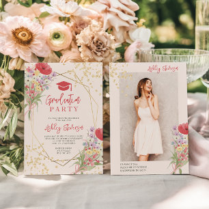 Boho Gold Glitter Blumen Pink Foto Abitur Einladung