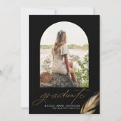 Boho Gold Glitter Feather Black Photo Graduation Ankündigung (Vorderseite)