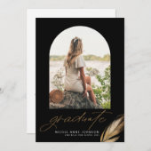 Boho Gold Glitter Feather Black Photo Graduation Ankündigung (Vorne/Hinten)
