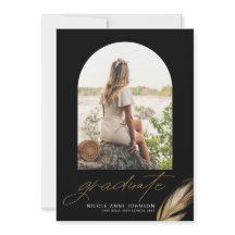 Boho Gold Glitter Feather Black Photo Graduation