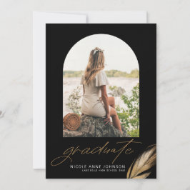 Boho Gold Glitter Feather Black Photo Graduation Ankündigung