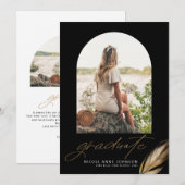 Boho Gold Glitter Feather Black Photo Graduation Ankündigung (Vorne/Hinten)