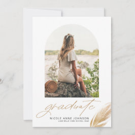 Boho Gold Glitter Feather White Photo Graduation Ankündigung