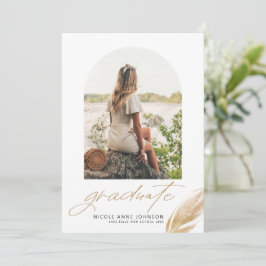 Boho Gold Glitter Feather White Photo Graduation Ankündigung