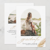 Boho Gold Glitter Feather White Photo Graduation Ankündigung (Vorne/Hinten)