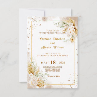 Boho Gold Glitter Pampasgras & Orchideen Hochzeit  Einladung