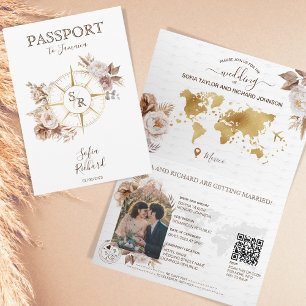 Boho Gold Hochzeit in Urlaubsort Passport QR Code Einladung