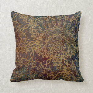 Boho-Gold-Mandala-Muster über blauem roten Grunge Kissen