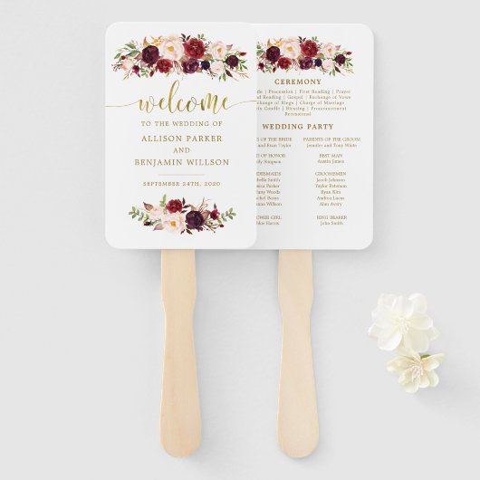 Boho Gold Marsala Floral Wedding Program Fans Fächer (Vorne und Hinten)