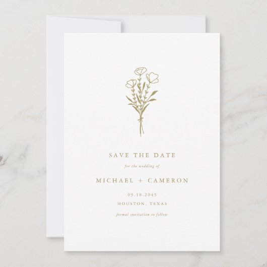 Boho Gold Minimalistisch Botanical Bouquet Save The Date (Vorderseite)