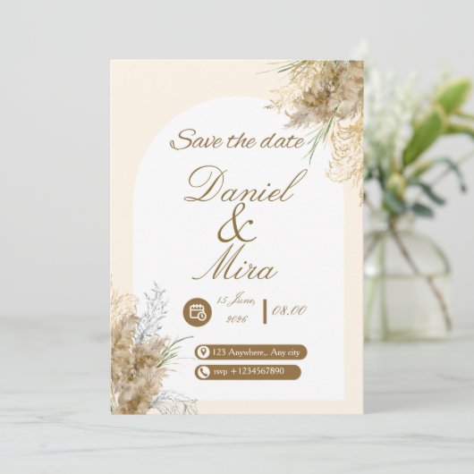 Boho Gold Pampas Bogen voll editierbare Hochzeit Einladung (Stehend Vorderseite)