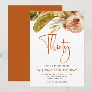 Boho Gold Pink Floral 30. Geburtstag Party Einladung
