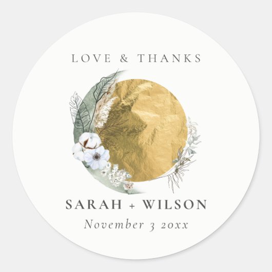 Boho Gold Saga Green Blumenreath Vielen Dank Runder Aufkleber (Vorderseite)