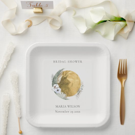 Boho Gold Saga Green Floral Wreath Brautparty Pappteller (Hochzeit)