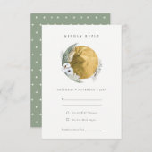 Boho Gold Saga Green Floral Wreath Wedding RSVP Begleitkarte (Vorne/Hinten)