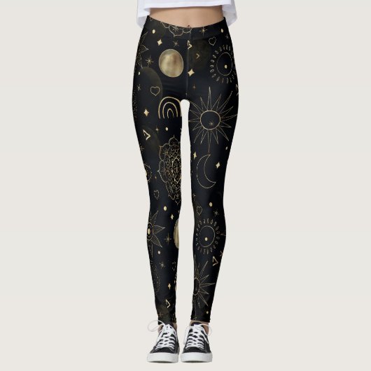 Boho Gold Space doodles Black Design Leggings (Vorderseite)