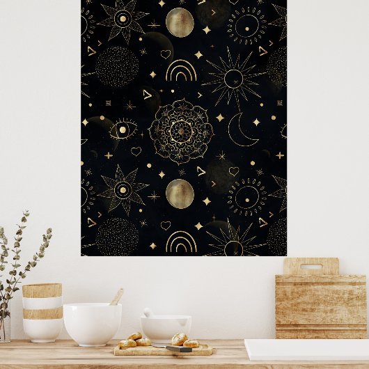 Boho Gold Space doodles Black Design Poster (Küche)