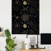 Boho Gold Space doodles Black Design Poster (Heimbüro)