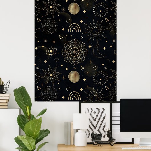 Boho Gold Space doodles Black Design Poster (Heimbüro)