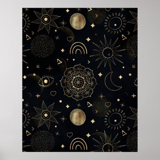 Boho Gold Space doodles Black Design Poster (Vorne)
