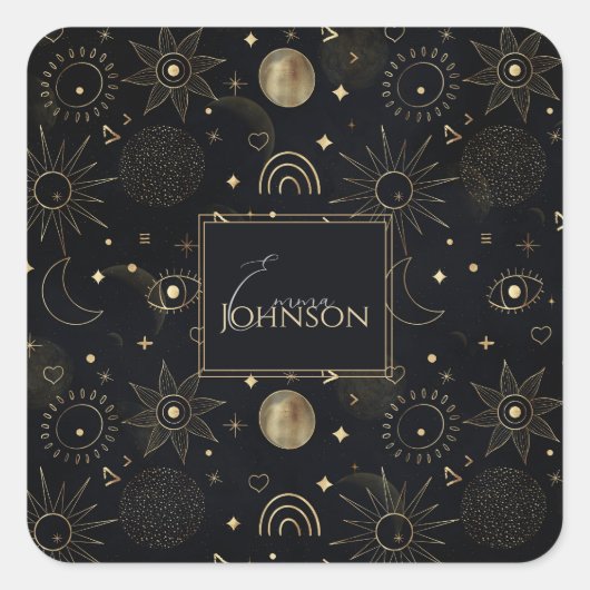 Boho Gold Space doodles Black Design Quadratischer Aufkleber (Vorderseite)