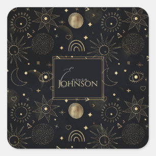 Boho Gold Space doodles Black Design Quadratischer Aufkleber