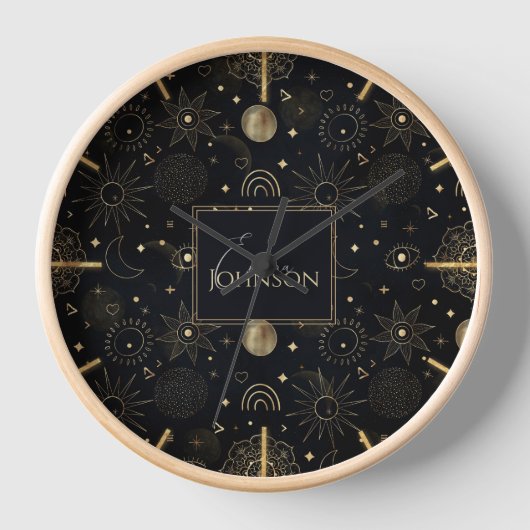 Boho Gold Space doodles Black Design Uhr (Vorderseite)