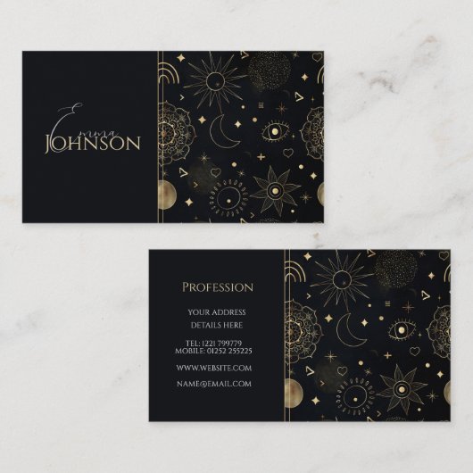 Boho Gold Space doodles Black Design Visitenkarte (Vorne/Hinten)