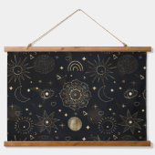 Boho Gold Space doodles Black Design Wandteppich Mit Holzrahmen (Vorne)